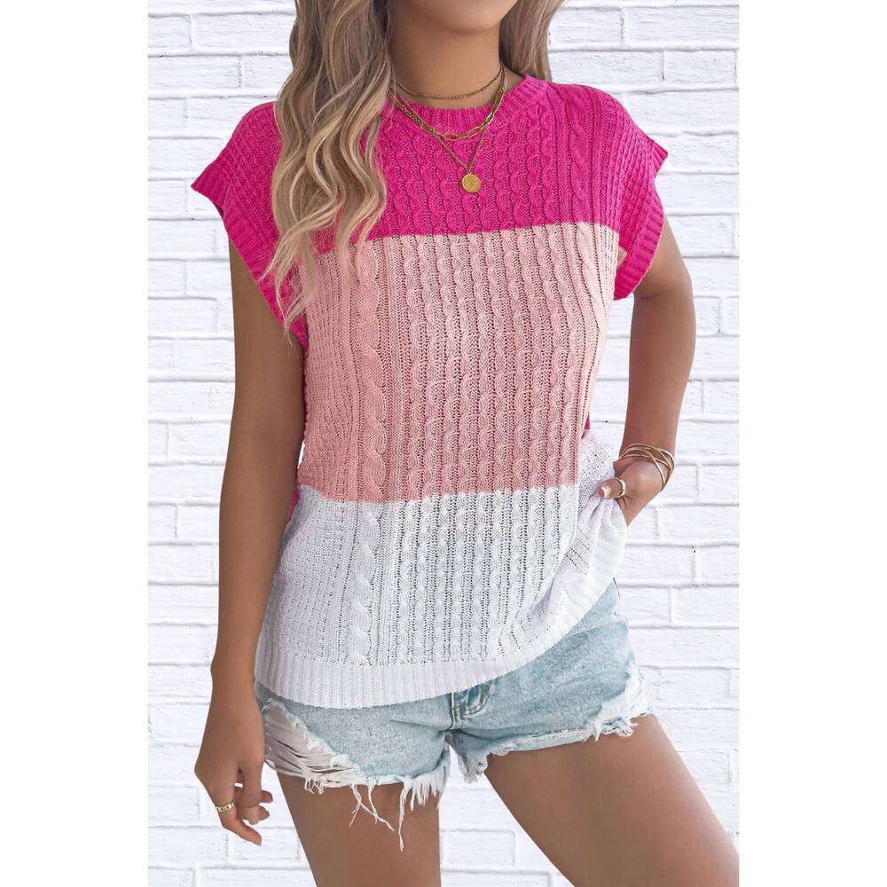NEW ANNA-KACI color block knit short sleeve pullover in pink